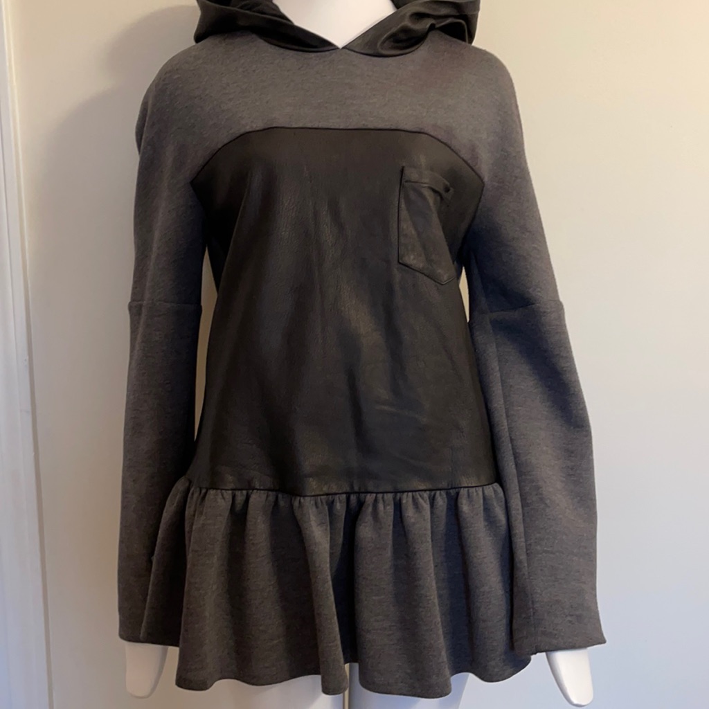 Thakoon Addition Black/Gray Peplum Leather Hooded Top Sweatshirt $890